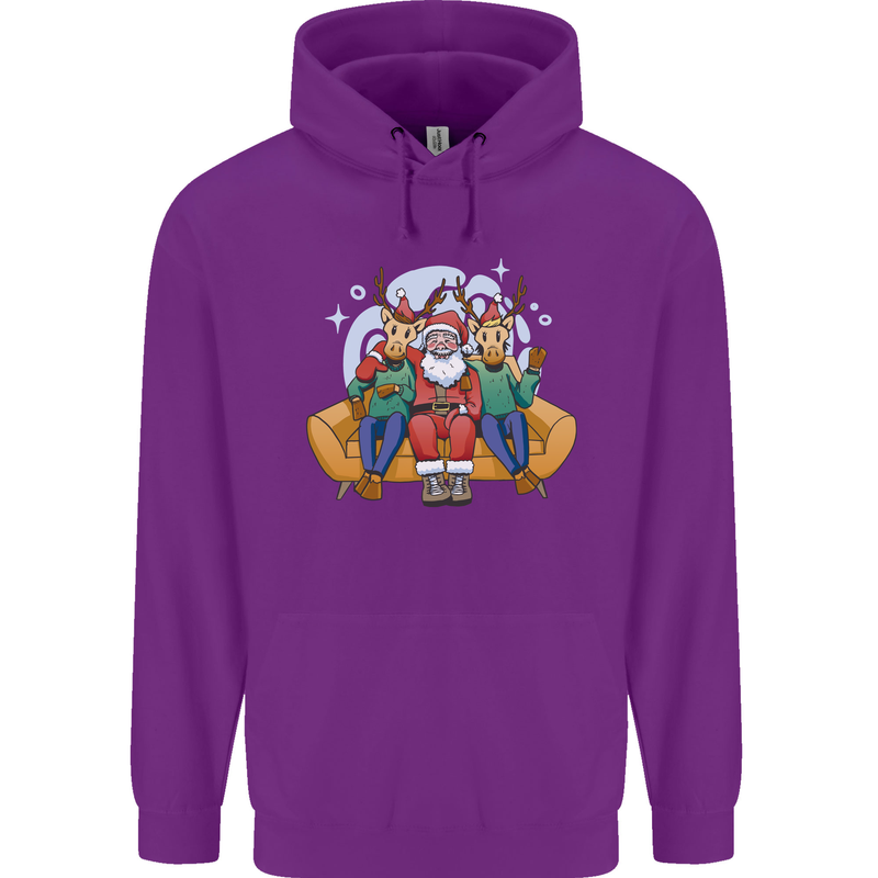 Santa Claus Chilling With Reindeers Christmas Xmas Childrens Kids Hoodie Purple