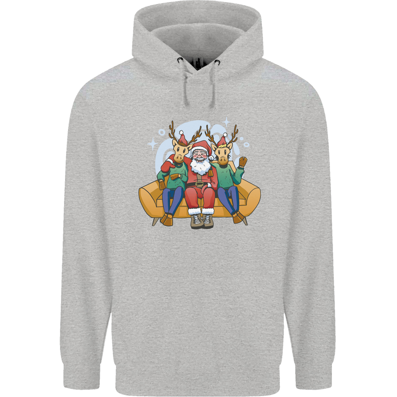 Santa Claus Chilling With Reindeers Christmas Xmas Childrens Kids Hoodie Sports Grey