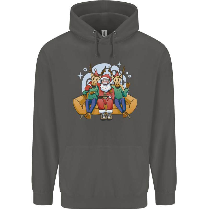 Santa Claus Chilling With Reindeers Christmas Xmas Childrens Kids Hoodie Storm Grey