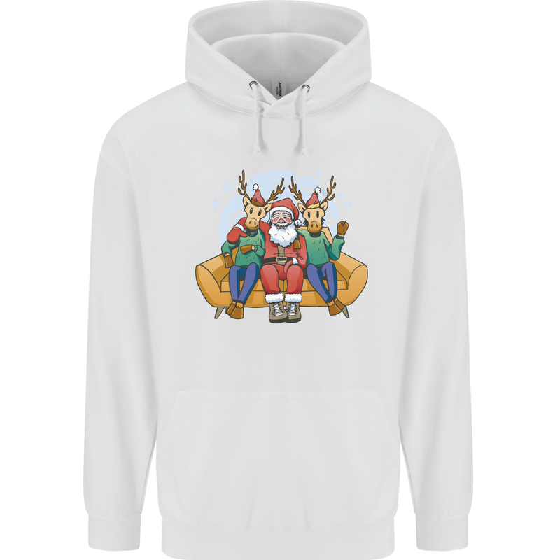Santa Claus Chilling With Reindeers Christmas Xmas Childrens Kids Hoodie White