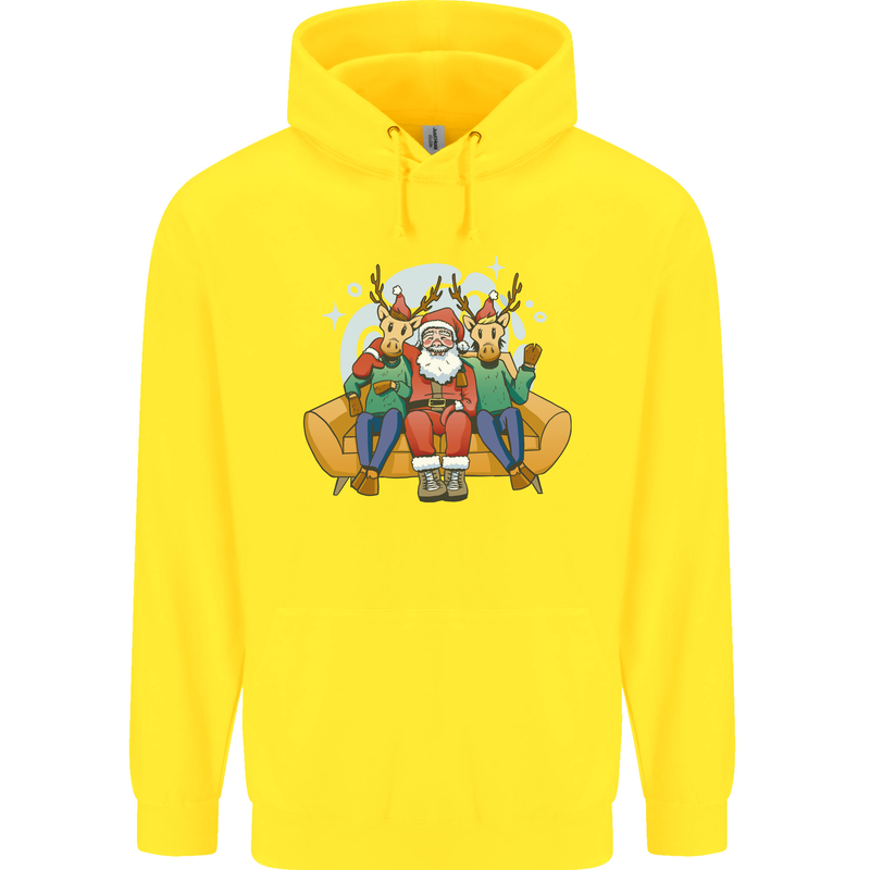 Santa Claus Chilling With Reindeers Christmas Xmas Childrens Kids Hoodie Yellow