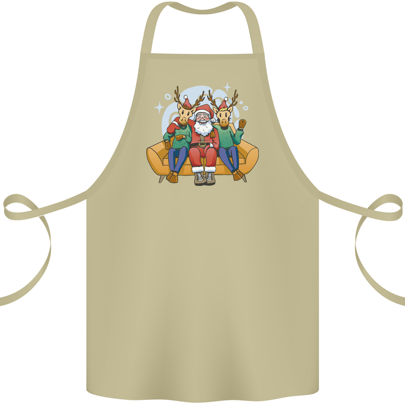 Santa Claus Chilling With Reindeers Christmas Xmas Cotton Apron 100% Organic Khaki