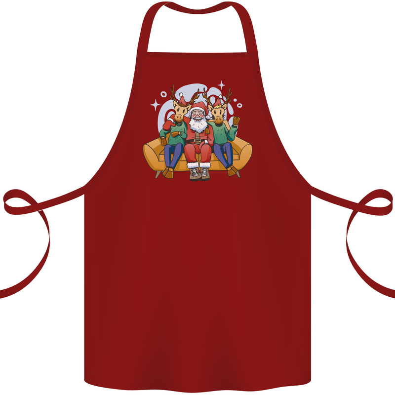 Santa Claus Chilling With Reindeers Christmas Xmas Cotton Apron 100% Organic Maroon