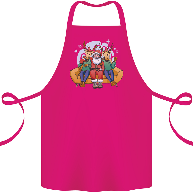 Santa Claus Chilling With Reindeers Christmas Xmas Cotton Apron 100% Organic Pink