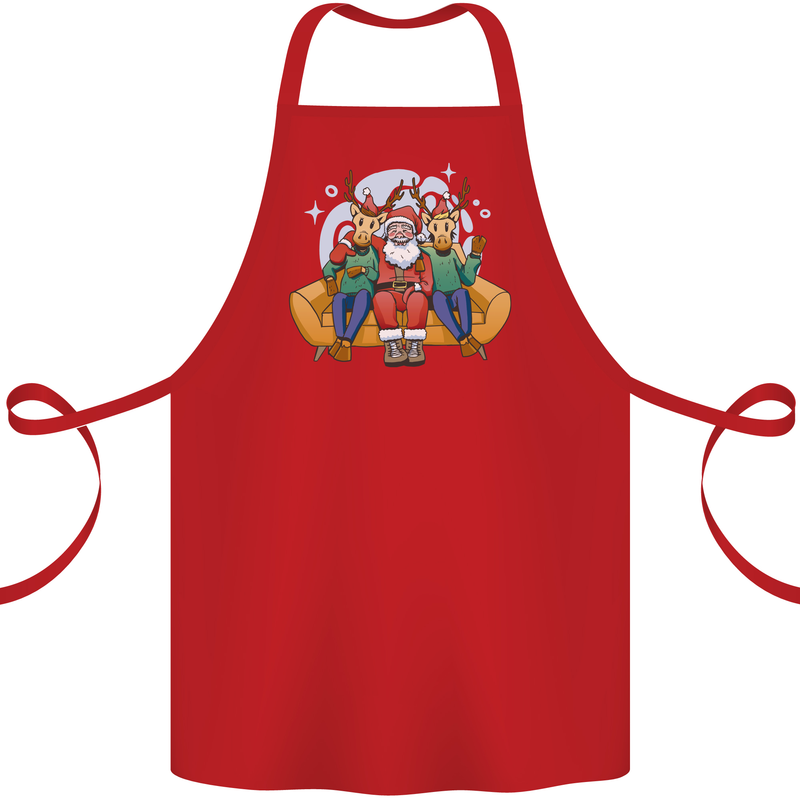 Santa Claus Chilling With Reindeers Christmas Xmas Cotton Apron 100% Organic Red