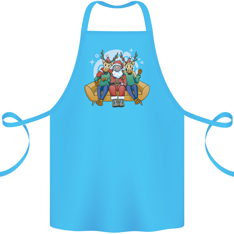 Santa Claus Chilling With Reindeers Christmas Xmas Cotton Apron 100% Organic Turquoise