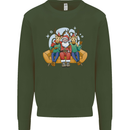 Santa Claus Chilling With Reindeers Christmas Xmas Kids Sweatshirt Jumper Forest Green