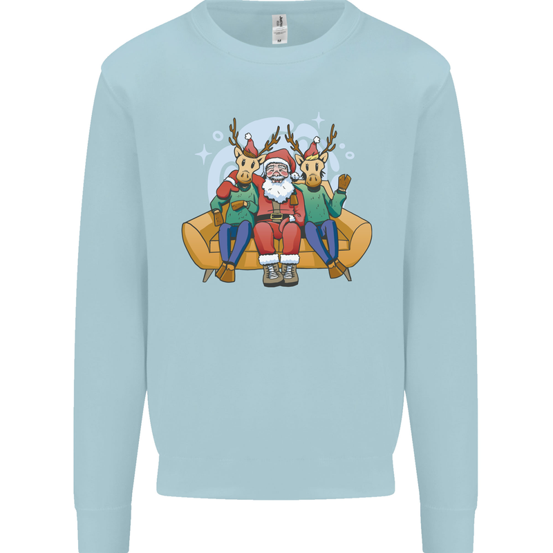 Santa Claus Chilling With Reindeers Christmas Xmas Kids Sweatshirt Jumper Light Blue