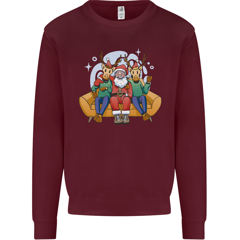 Santa Claus Chilling With Reindeers Christmas Xmas Kids Sweatshirt Jumper Maroon
