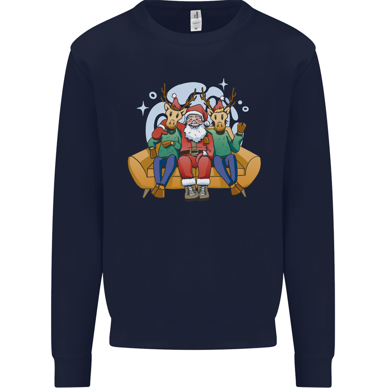 Santa Claus Chilling With Reindeers Christmas Xmas Kids Sweatshirt Jumper Navy Blue