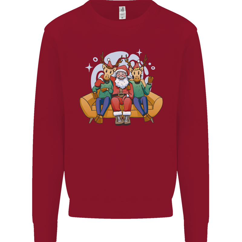 Santa Claus Chilling With Reindeers Christmas Xmas Kids Sweatshirt Jumper Red
