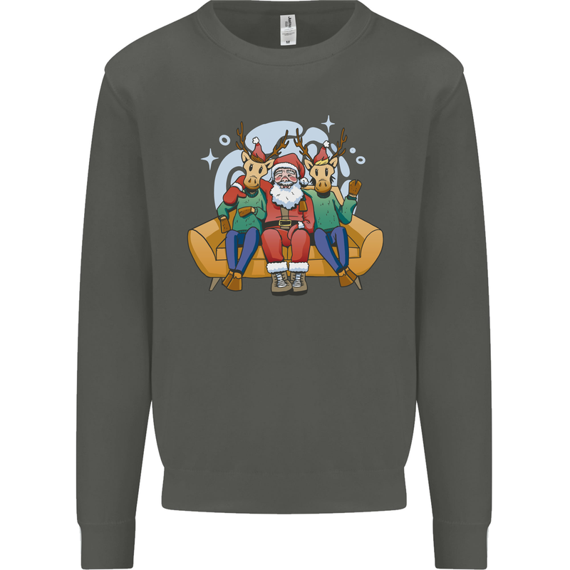 Santa Claus Chilling With Reindeers Christmas Xmas Kids Sweatshirt Jumper Storm Grey