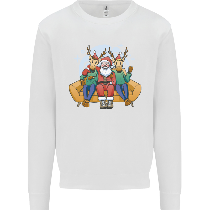 Santa Claus Chilling With Reindeers Christmas Xmas Kids Sweatshirt Jumper White