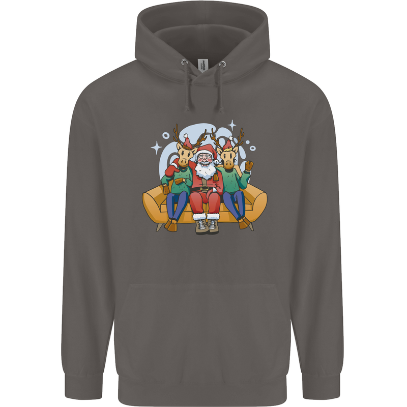 Santa Claus Chilling With Reindeers Christmas Xmas Mens 80% Cotton Hoodie Charcoal