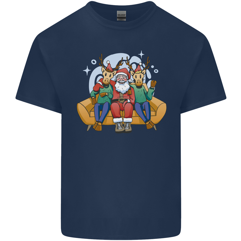 Santa Claus Chilling With Reindeers Christmas Xmas Mens Cotton T-Shirt Tee Top Navy Blue