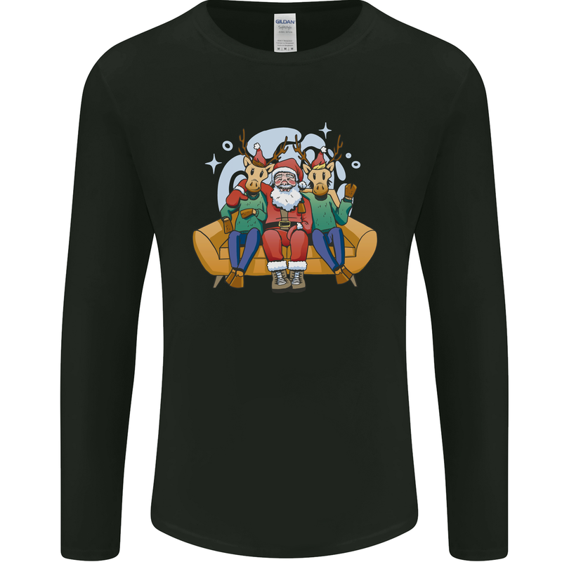 Santa Claus Chilling With Reindeers Christmas Xmas Mens Long Sleeve T-Shirt Black
