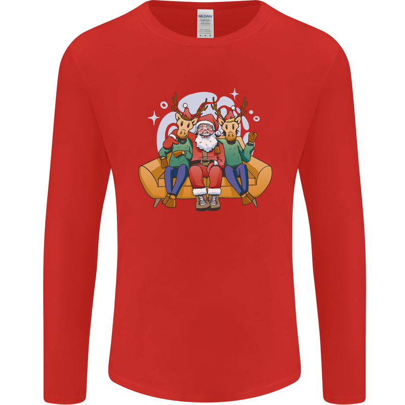Santa Claus Chilling With Reindeers Christmas Xmas Mens Long Sleeve T-Shirt Red