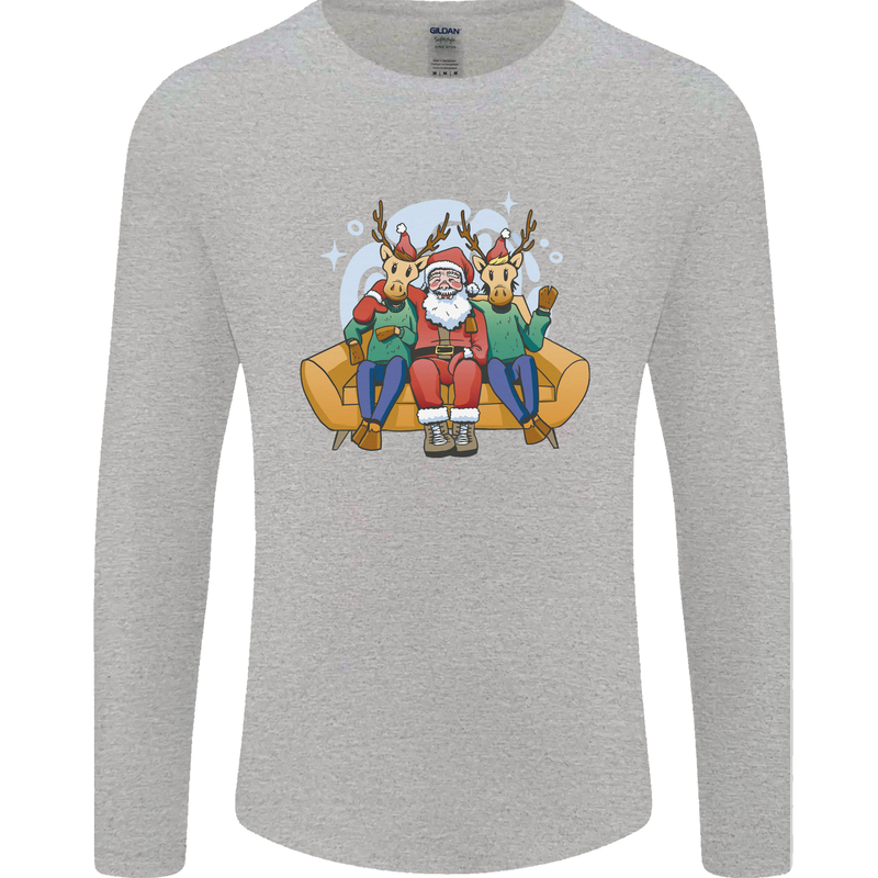 Santa Claus Chilling With Reindeers Christmas Xmas Mens Long Sleeve T-Shirt Sports Grey