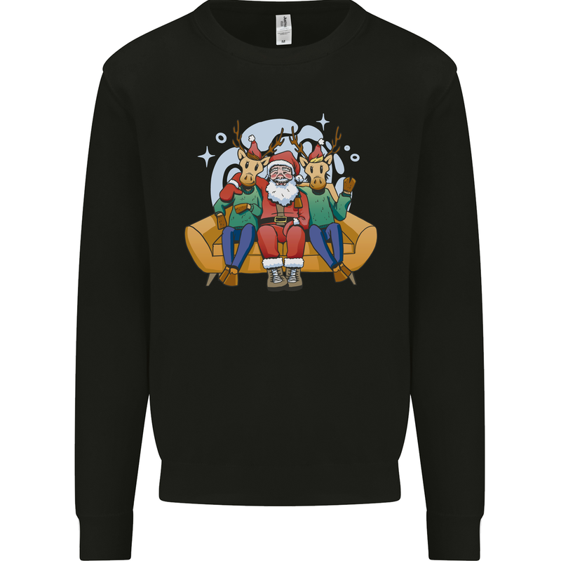 Santa Claus Chilling With Reindeers Christmas Xmas Mens Sweatshirt Jumper Black