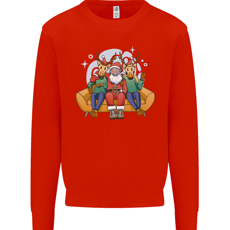 Santa Claus Chilling With Reindeers Christmas Xmas Mens Sweatshirt Jumper Bright Red