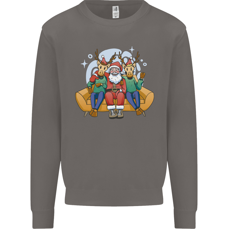 Santa Claus Chilling With Reindeers Christmas Xmas Mens Sweatshirt Jumper Charcoal