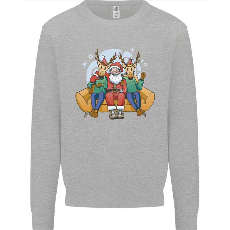 Santa Claus Chilling With Reindeers Christmas Xmas Mens Sweatshirt Jumper Sports Grey