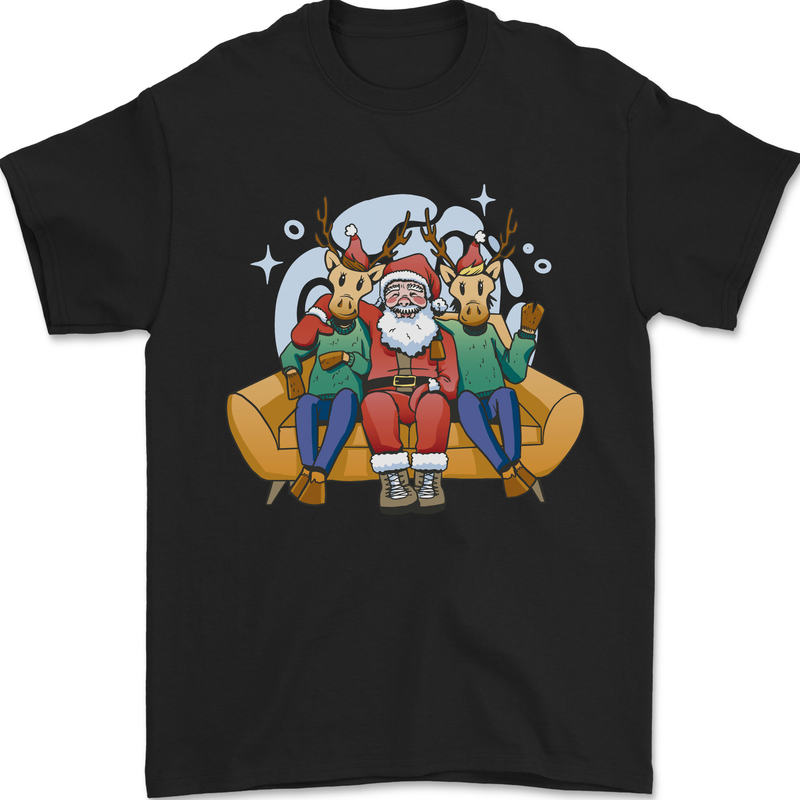 Santa Claus Chilling With Reindeers Christmas Xmas Mens T-Shirt 100% Cotton Black