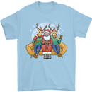 Santa Claus Chilling With Reindeers Christmas Xmas Mens T-Shirt 100% Cotton Light Blue