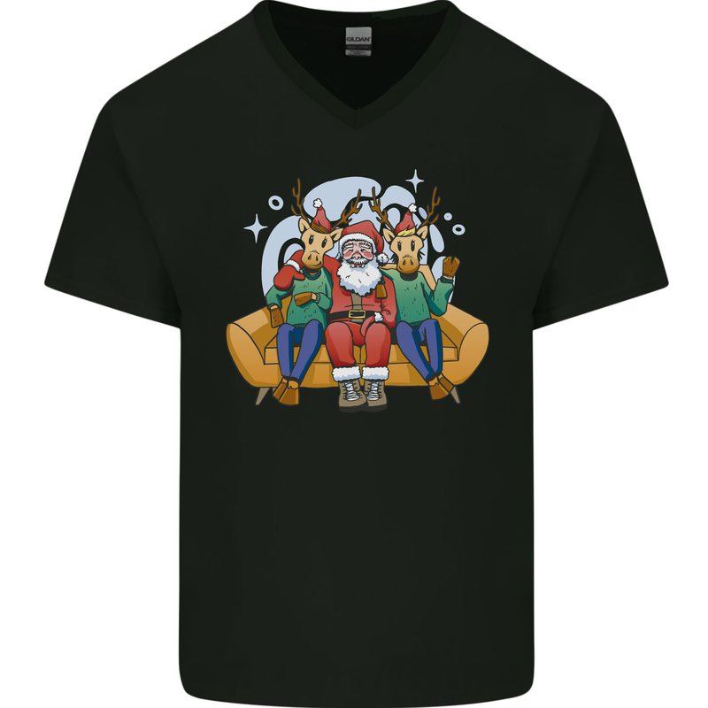 Santa Claus Chilling With Reindeers Christmas Xmas Mens V-Neck Cotton T-Shirt Black