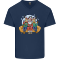 Santa Claus Chilling With Reindeers Christmas Xmas Mens V-Neck Cotton T-Shirt Navy Blue