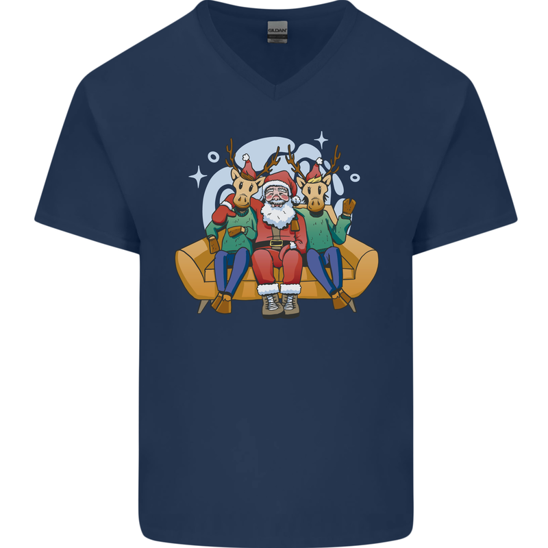 Santa Claus Chilling With Reindeers Christmas Xmas Mens V-Neck Cotton T-Shirt Navy Blue