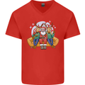 Santa Claus Chilling With Reindeers Christmas Xmas Mens V-Neck Cotton T-Shirt Red