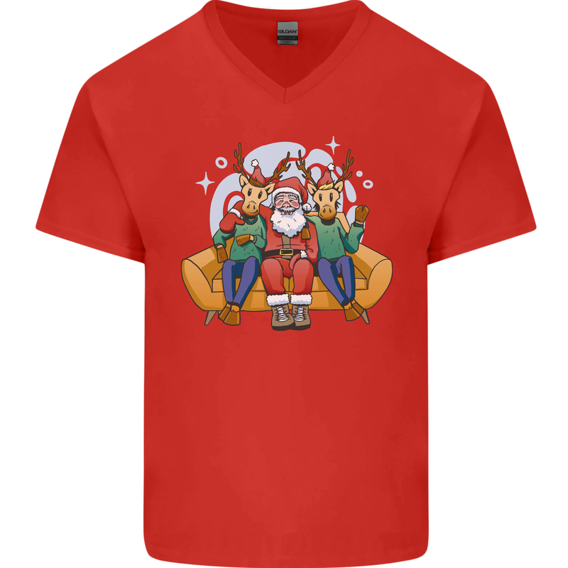 Santa Claus Chilling With Reindeers Christmas Xmas Mens V-Neck Cotton T-Shirt Red
