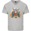 Santa Claus Chilling With Reindeers Christmas Xmas Mens V-Neck Cotton T-Shirt Sports Grey