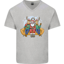 Santa Claus Chilling With Reindeers Christmas Xmas Mens V-Neck Cotton T-Shirt Sports Grey