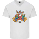 Santa Claus Chilling With Reindeers Christmas Xmas Mens V-Neck Cotton T-Shirt White