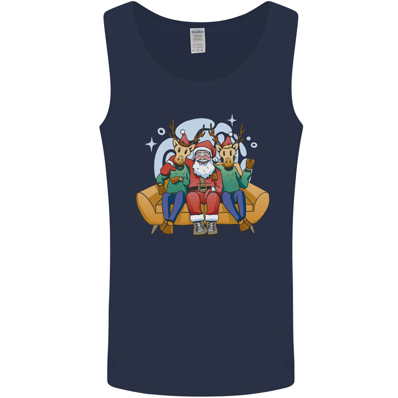 Santa Claus Chilling With Reindeers Christmas Xmas Mens Vest Tank Top Navy Blue