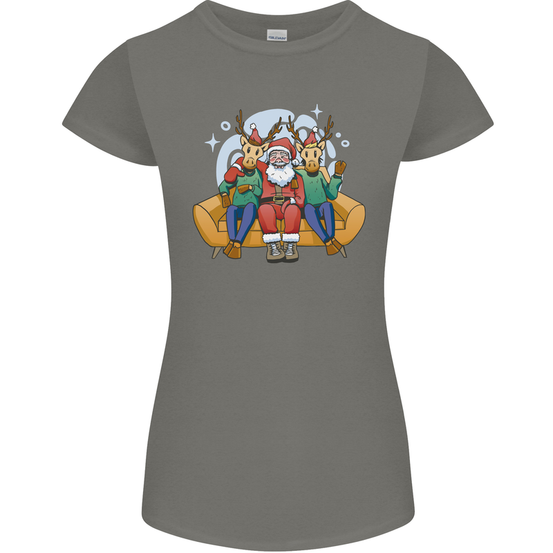 Santa Claus Chilling With Reindeers Christmas Xmas Womens Petite Cut T-Shirt Charcoal