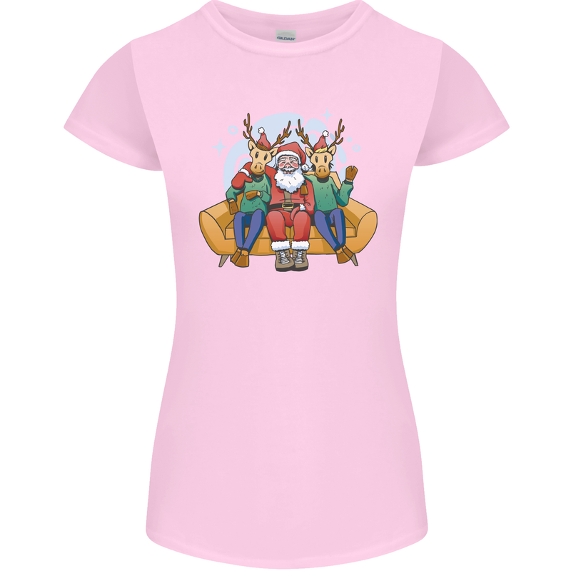 Santa Claus Chilling With Reindeers Christmas Xmas Womens Petite Cut T-Shirt Light Pink