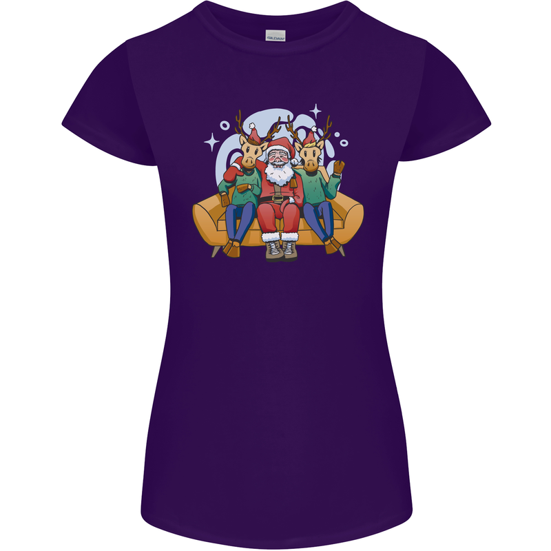 Santa Claus Chilling With Reindeers Christmas Xmas Womens Petite Cut T-Shirt Purple