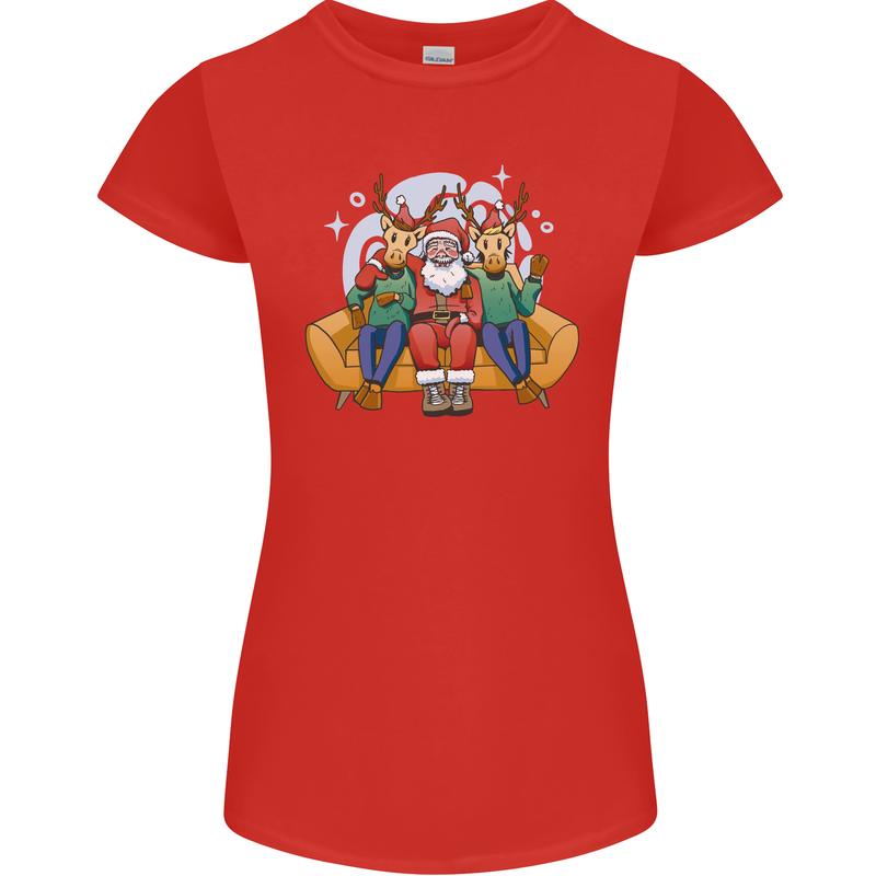 Santa Claus Chilling With Reindeers Christmas Xmas Womens Petite Cut T-Shirt Red