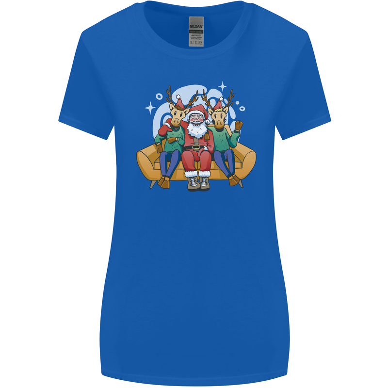 Santa Claus Chilling With Reindeers Christmas Xmas Womens Wider Cut T-Shirt Royal Blue