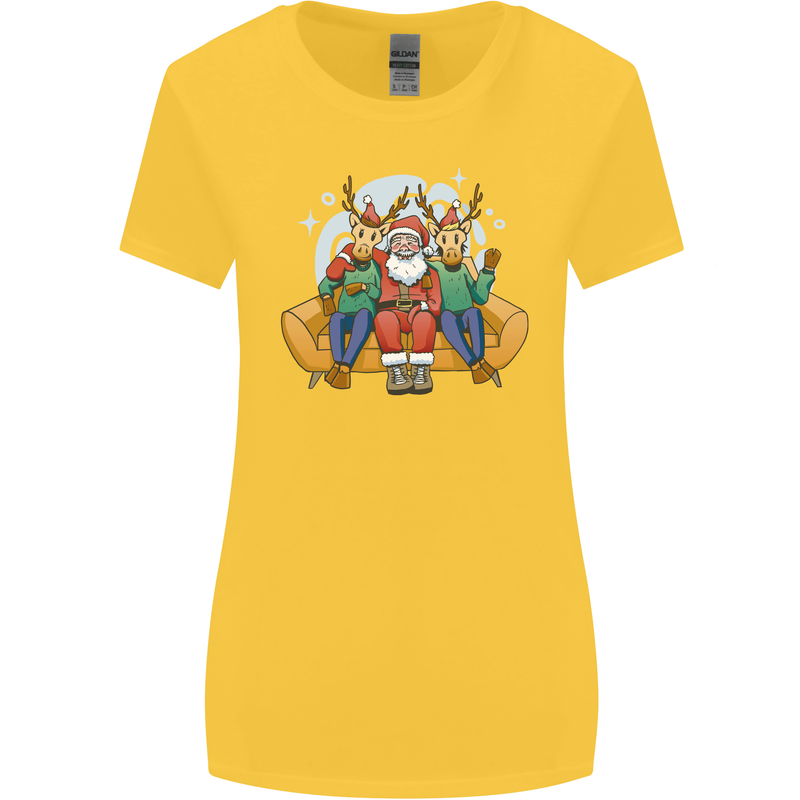 Santa Claus Chilling With Reindeers Christmas Xmas Womens Wider Cut T-Shirt Yellow