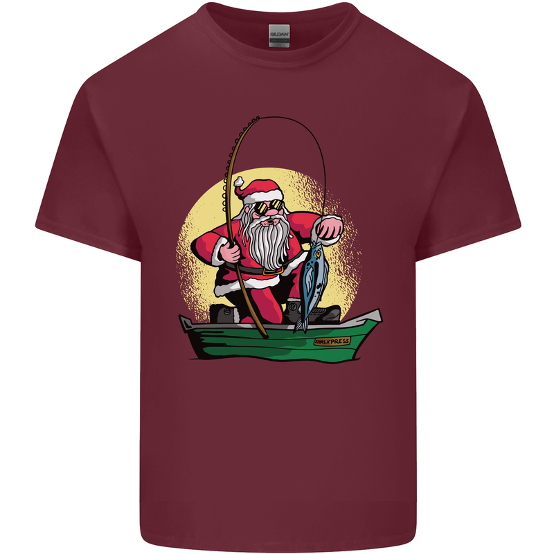 Santa Claus Fishing in His Boat Christmas Mens Cotton T-Shirt Tee Top Maroon