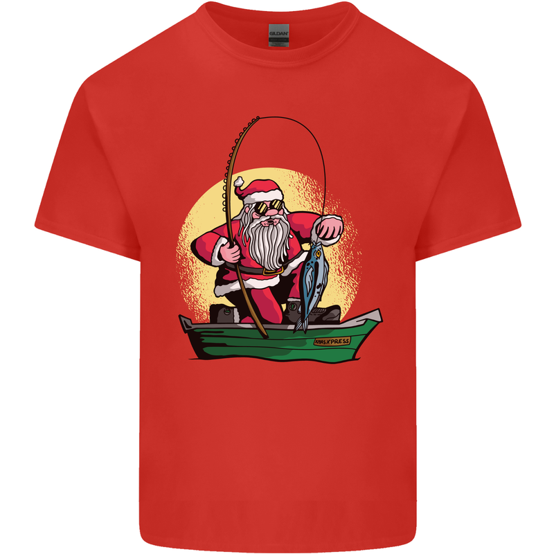 Santa Claus Fishing in His Boat Christmas Mens Cotton T-Shirt Tee Top Red