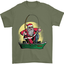 Santa Claus Fishing in His Boat Christmas Mens T-Shirt 100% Cotton Military Green