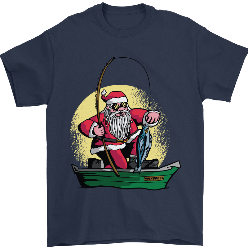 Santa Claus Fishing in His Boat Christmas Mens T-Shirt 100% Cotton Navy Blue