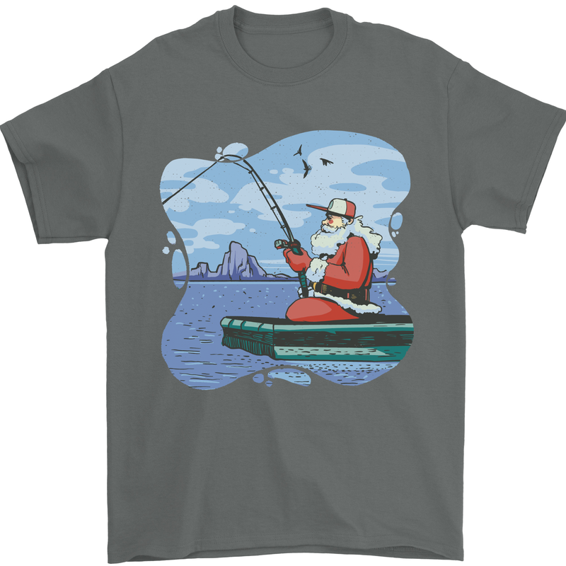 Santa Claus Fishing on a Pier Christmas Mens T-Shirt 100% Cotton Charcoal