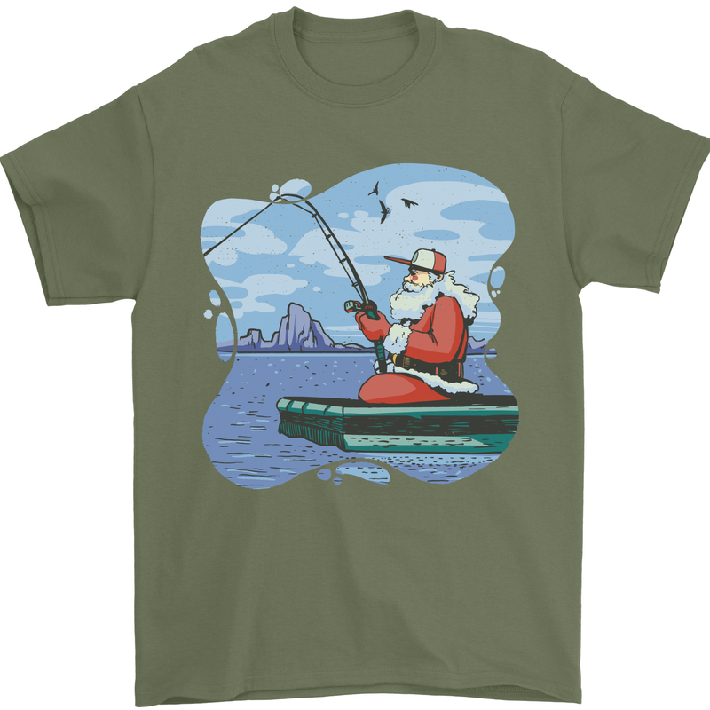 Santa Claus Fishing on a Pier Christmas Mens T-Shirt 100% Cotton Military Green