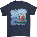 Santa Claus Fishing on a Pier Christmas Mens T-Shirt 100% Cotton Navy Blue